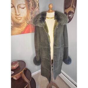 Vintage Shearling Authentic Suede Coat with Real Fur Trim – Olive Green
